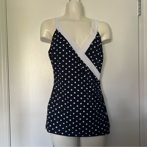 Venus Faux Wrap Blue & White Polka Dot Tank Top